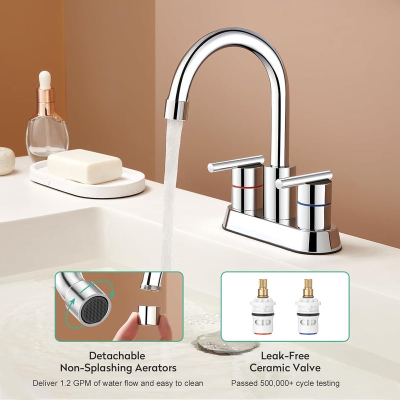faustina Polished Chrome Bathroom Faucet, 4 Inch Centerset Bathroom Faucet for Sink 2 Holes 3 Holes，Two Handles 304 Stainless Steel Faucet with Pup up Drain and 2 Water Supply Lines for RV Vanity - Image 3